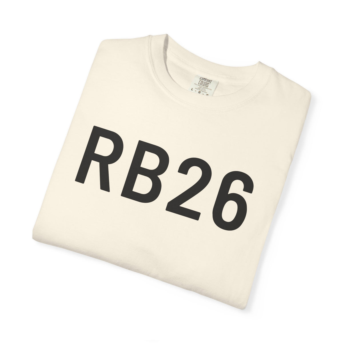 Ivory crew-neck T-shirt with black RB26 graphic on the front.
