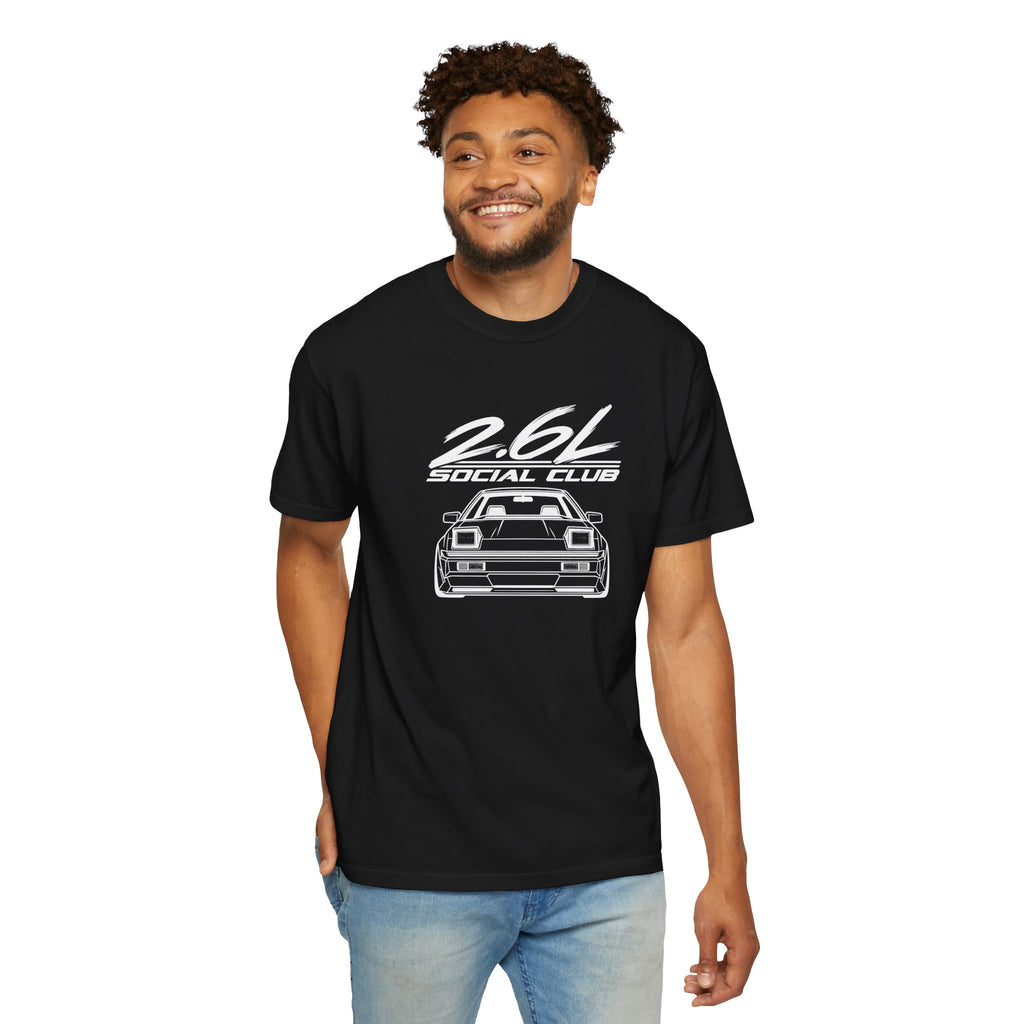 Black crew-neck T-shirt with 2.6L Social Club car logo on front