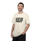 Ivory graphic slogan T-shirt with bold black lettering, crew neck short sleeves