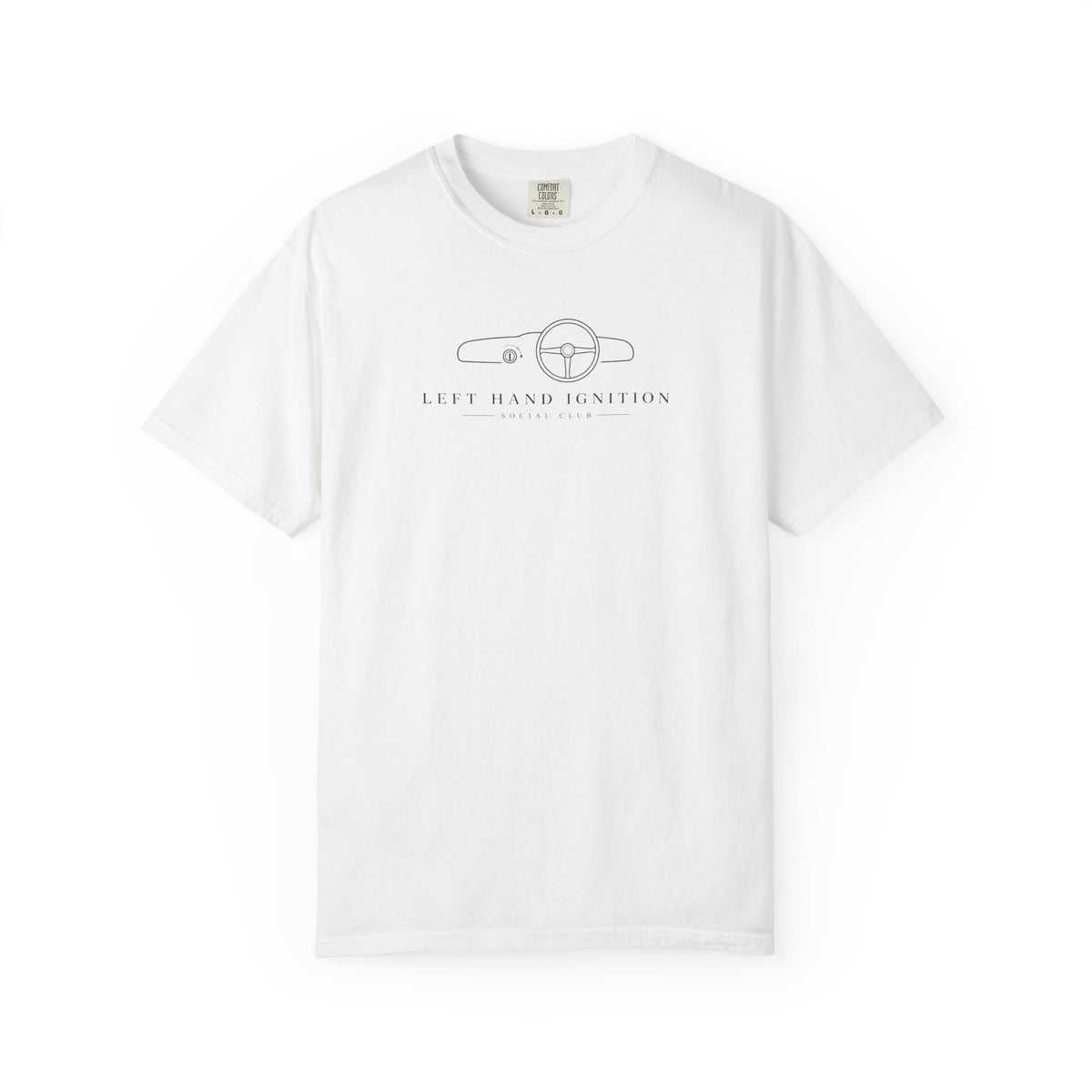 White crew-neck T-shirt with Left Hand Ignition front graphic print