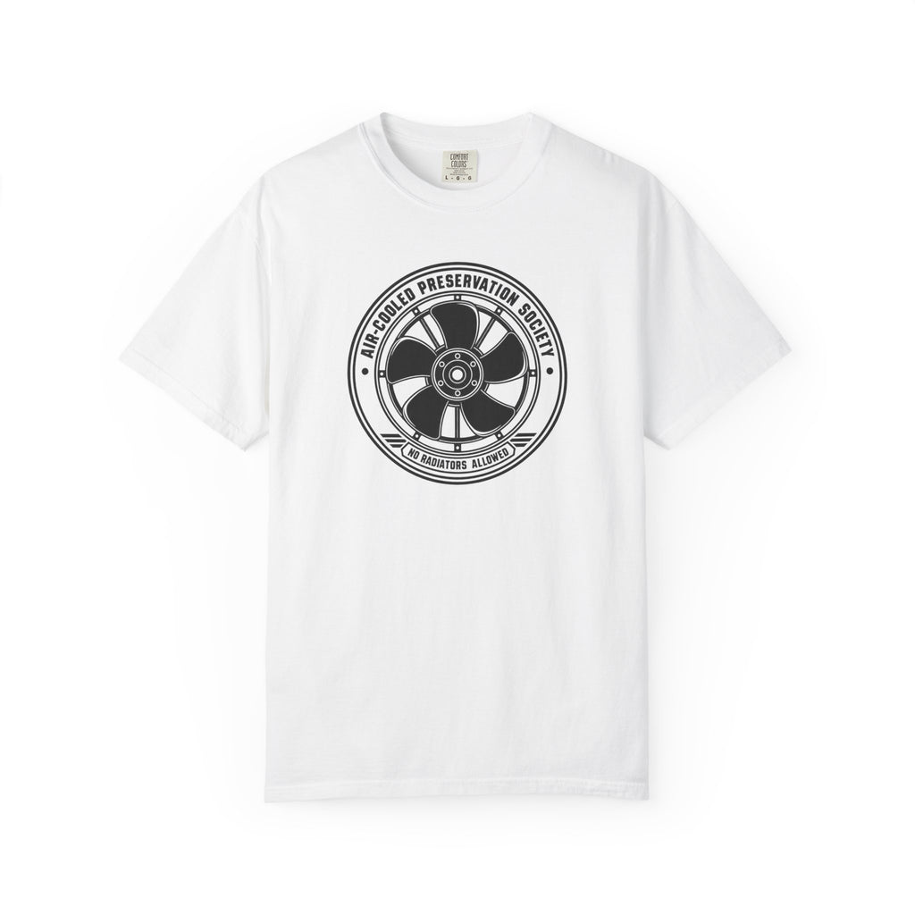 White crew-neck T-shirt with circular fan logo graphic on the chest
