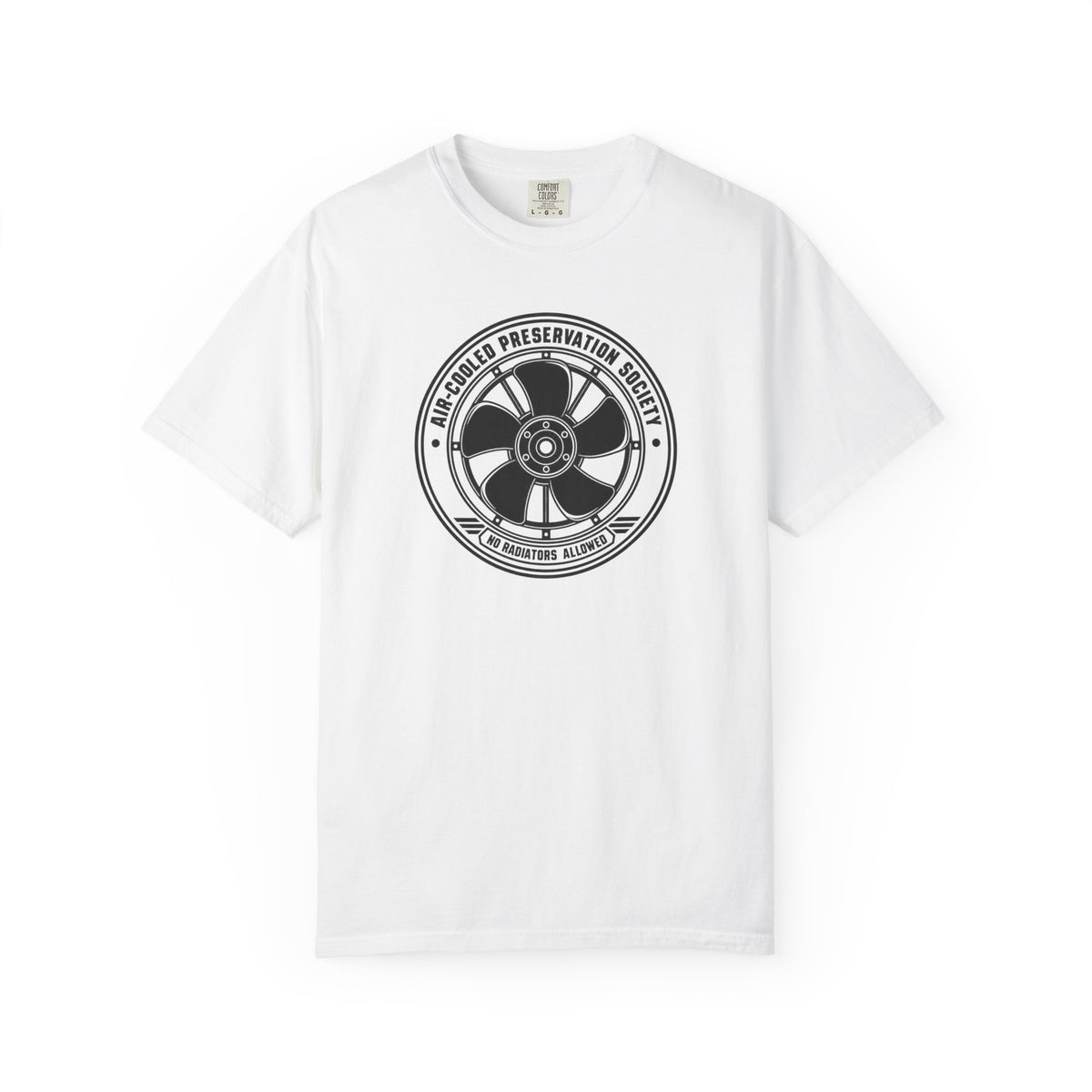 White crew-neck T-shirt with circular fan logo graphic on the chest