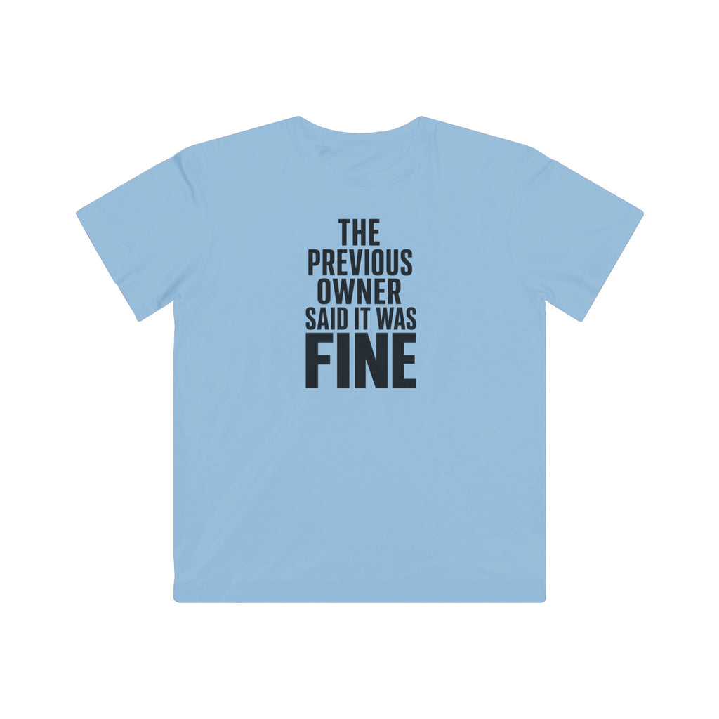 Kids graphic T-shirt, light blue with 'FINE' slogan text print