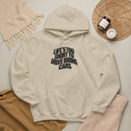 Beige hoodie with hood drawstrings and front printed slogan, kangaroo pocket