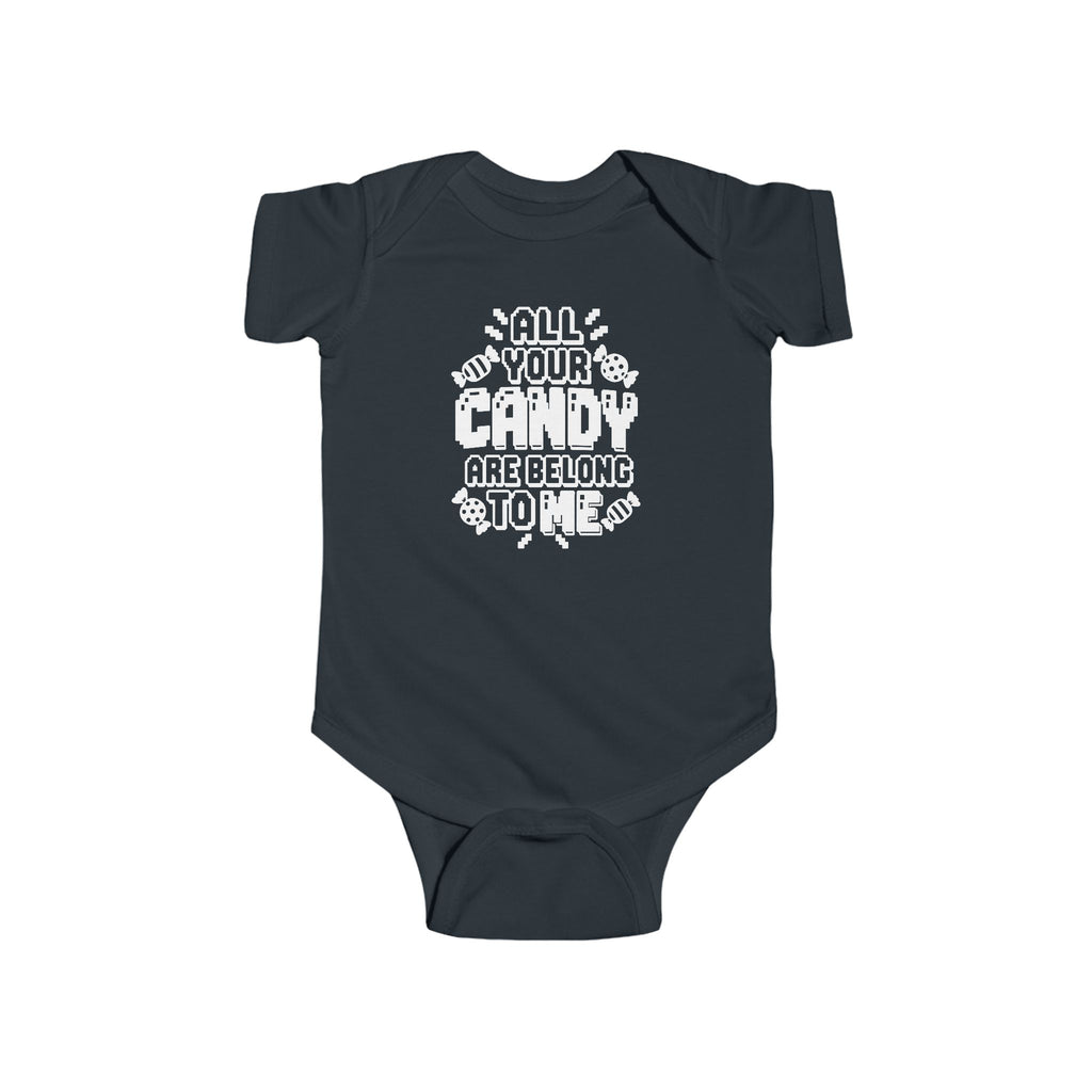 Black baby bodysuit with candy-themed text graphic on the front