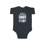 Black baby bodysuit with candy-themed text graphic on the front