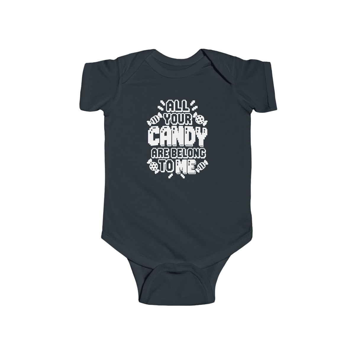 Black baby bodysuit with candy-themed text graphic on the front
