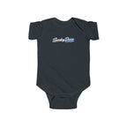 Black baby bodysuit with short sleeves and front graphic logo