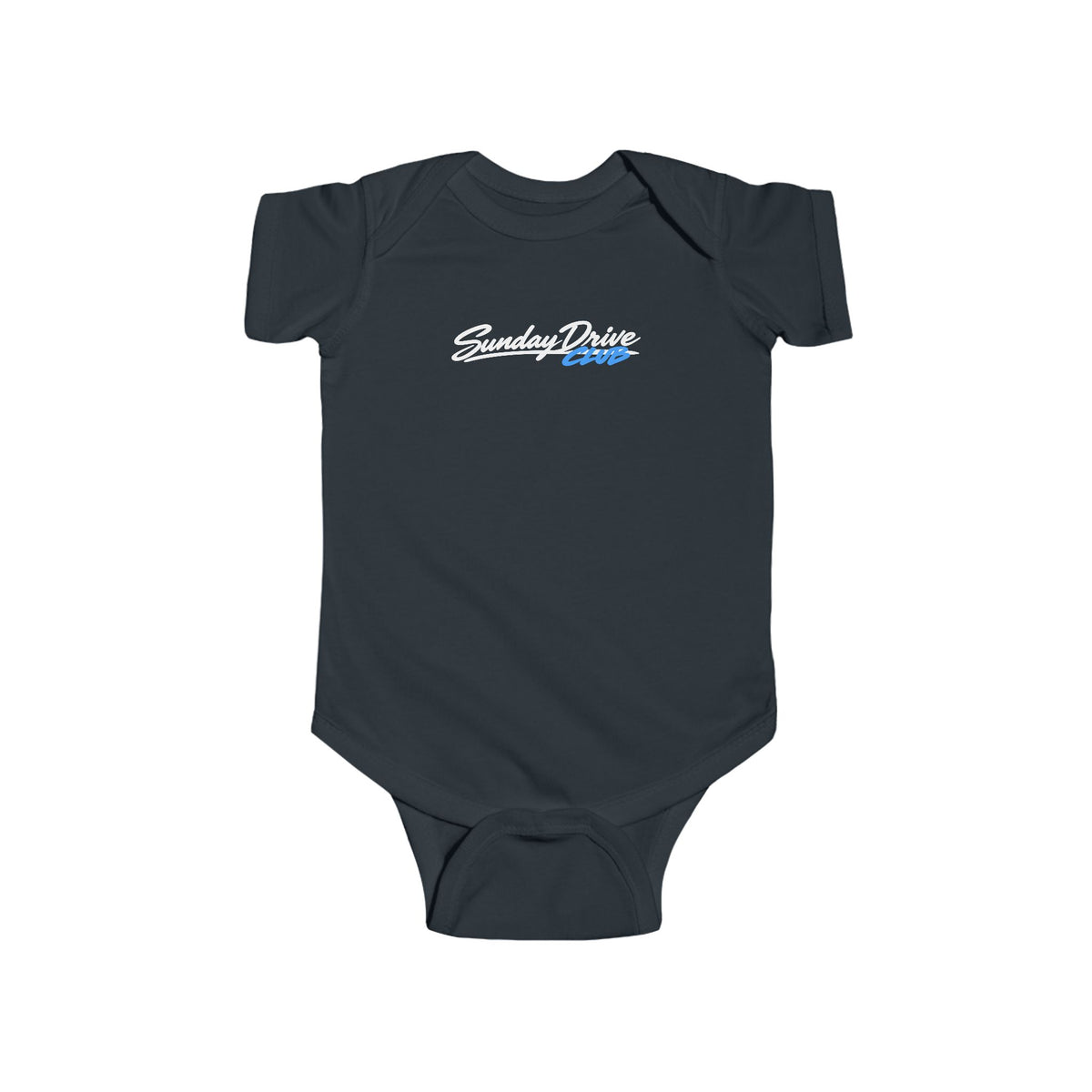 Black baby bodysuit with short sleeves and front graphic logo