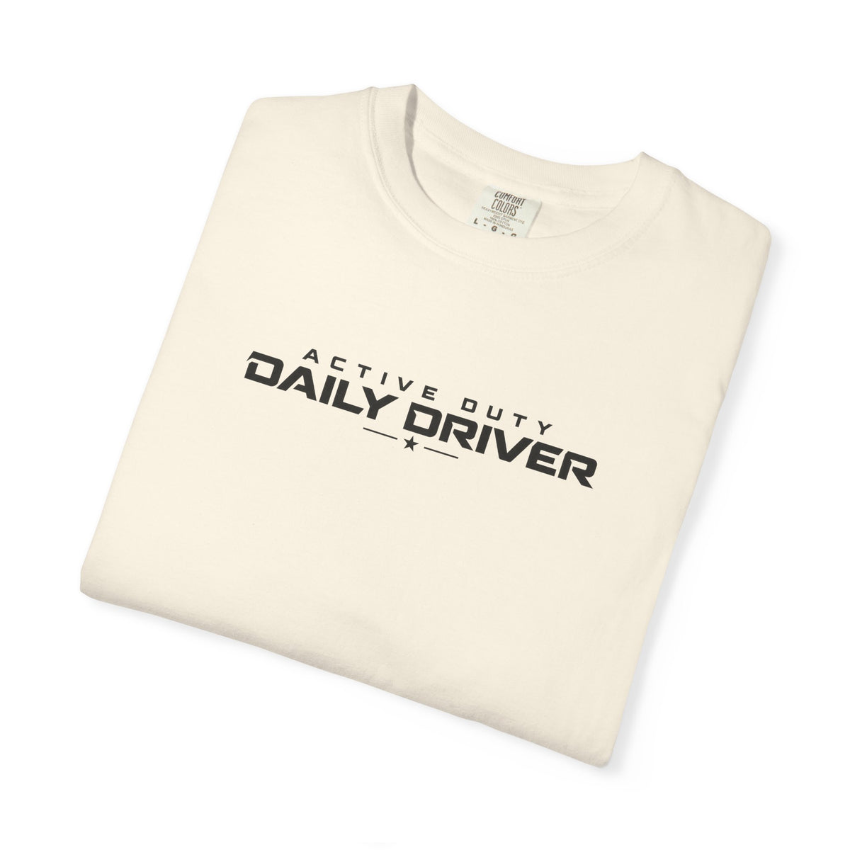 Ivory crew-neck T-shirt with “Daily Driver” logo print on chest.
