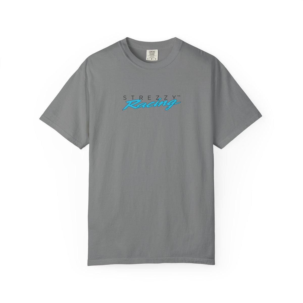 Grey short-sleeve crewneck t-shirt with colorful Strezzy Racing logo on chest