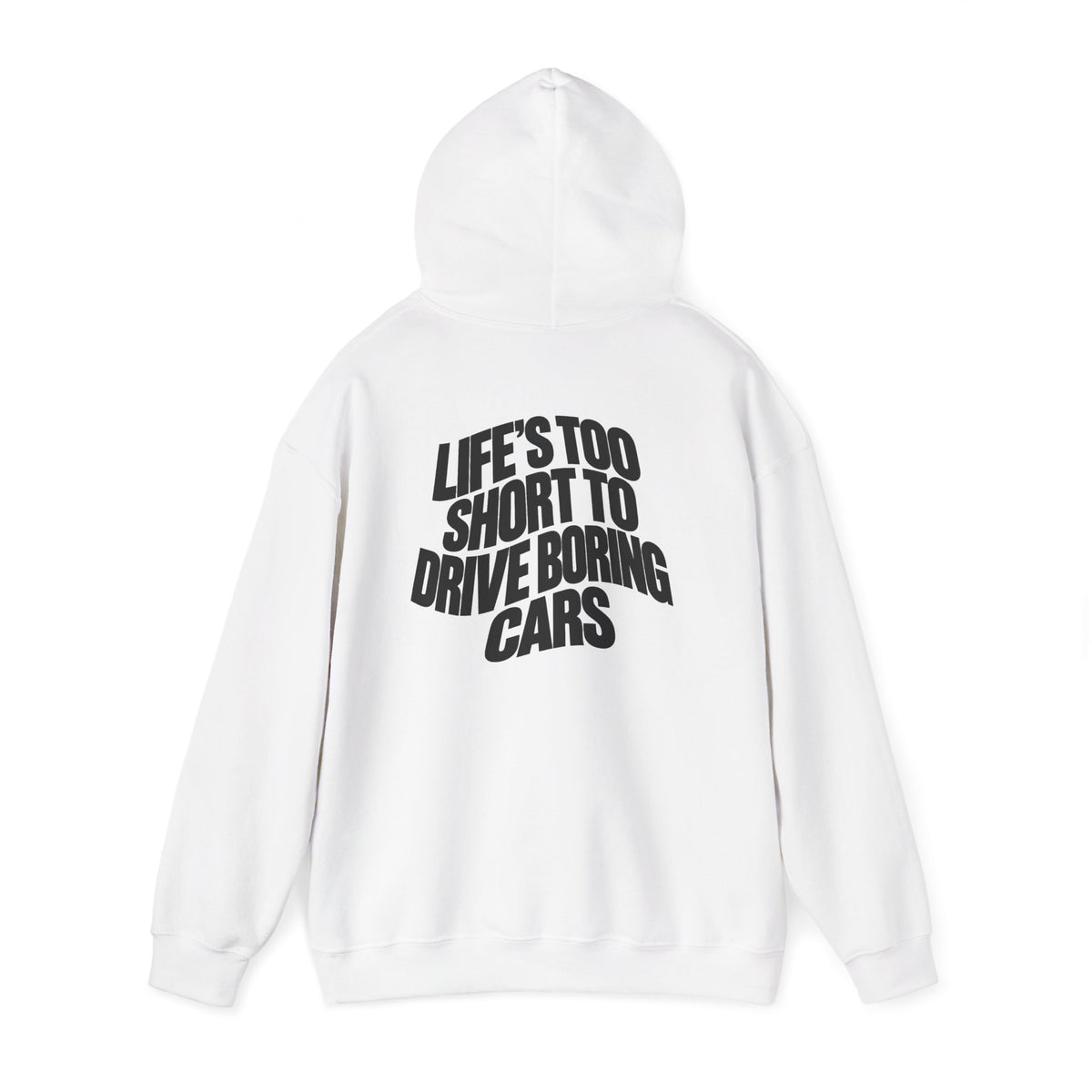 White pullover back print hoodie with large slogan text centered on the hooded back