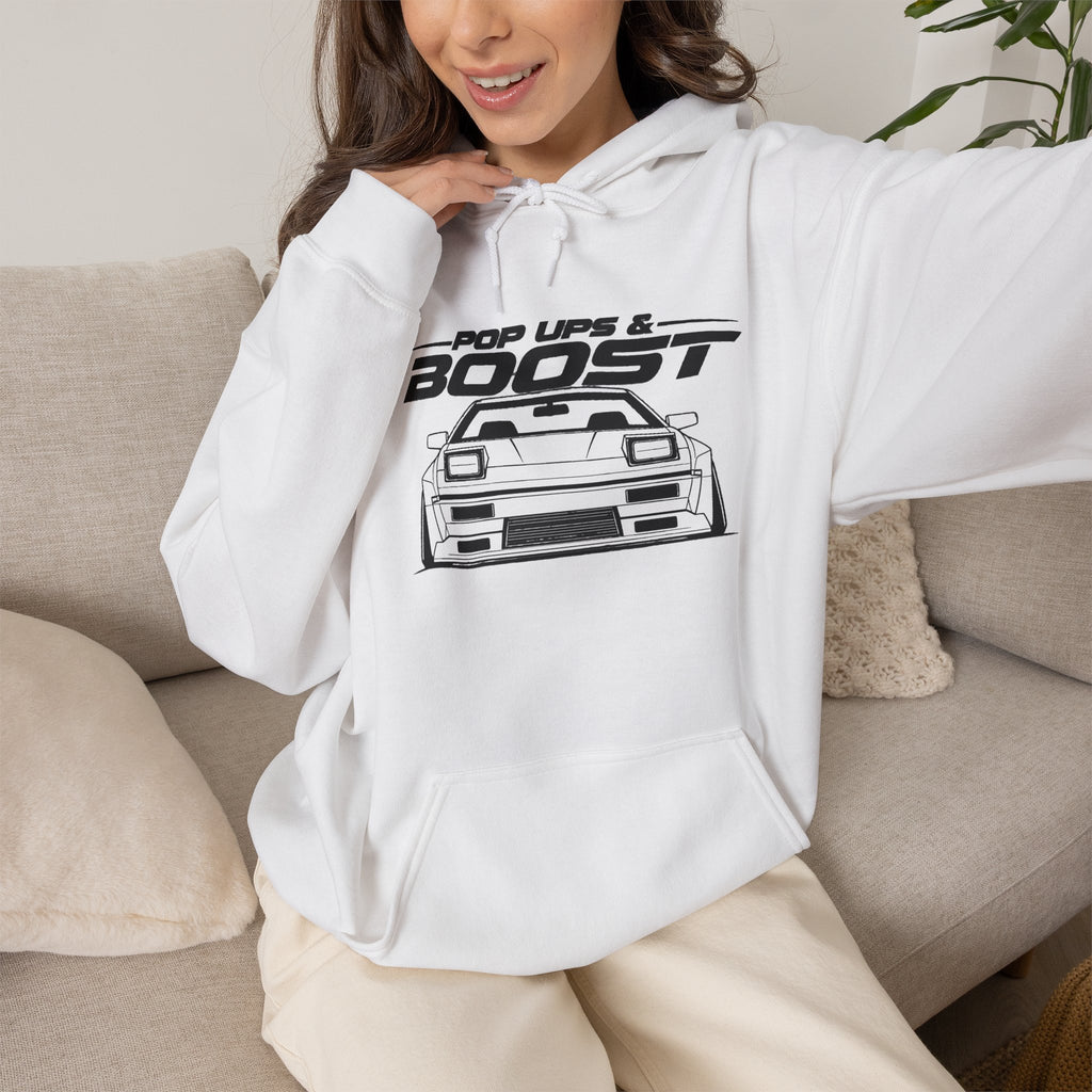 White pullover hoodie with drawstring hood and JDM chest graphic, front pocket