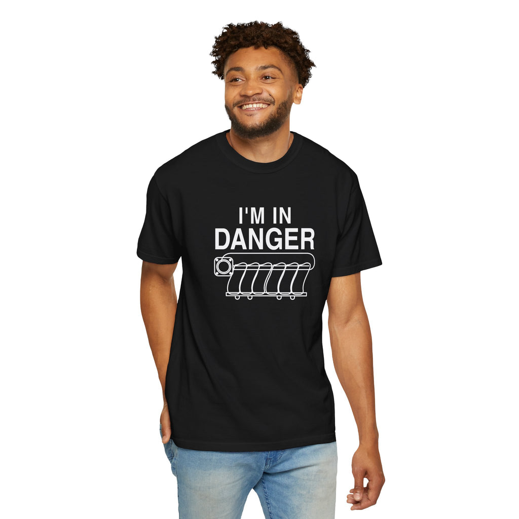 Black crewneck T-shirt worn with “I'M IN DANGER” graphic print