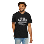 Black crewneck T-shirt worn with “I'M IN DANGER” graphic print