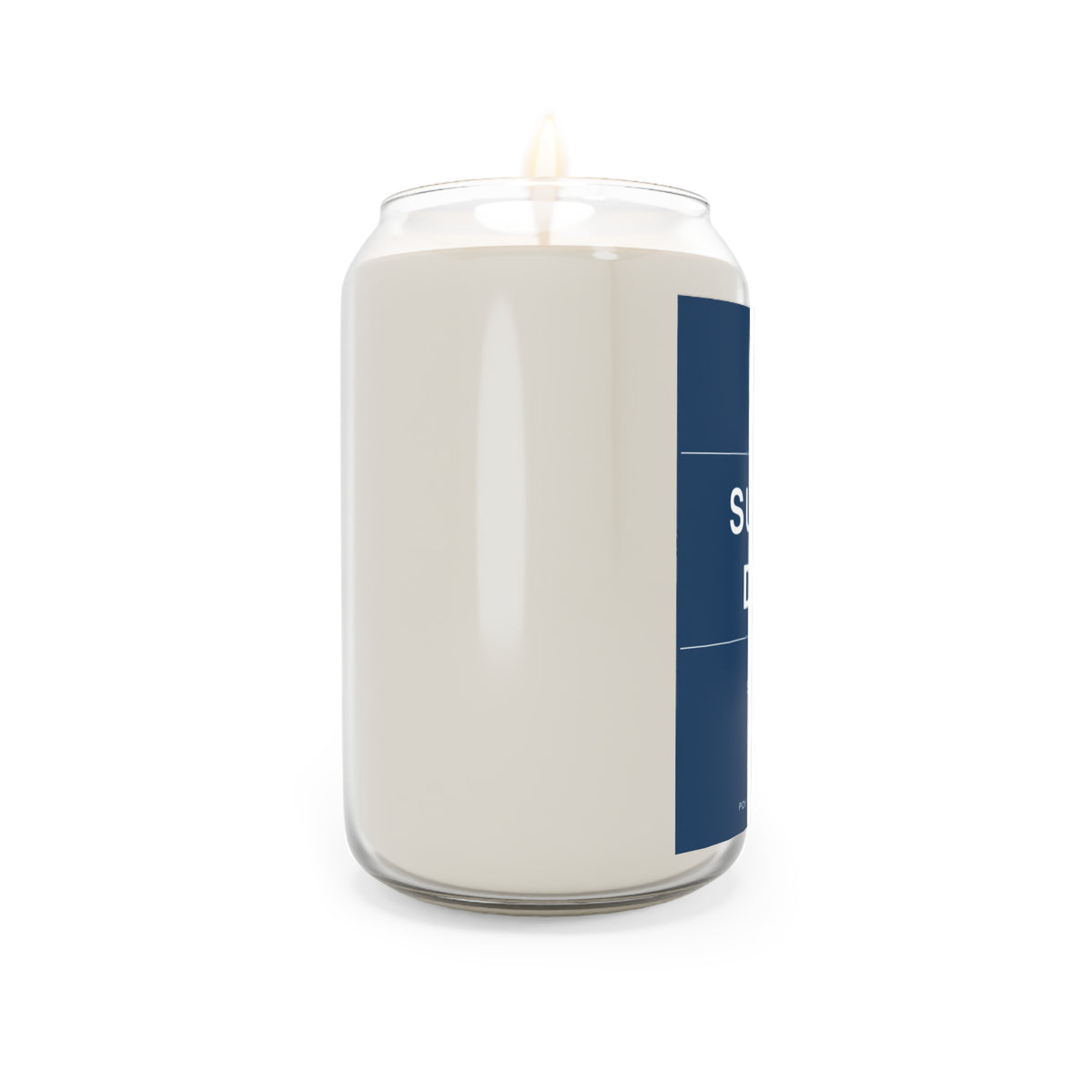 Soy candle in clear glass jar, side view with blue stripe and lit wick flame