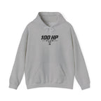 Sport grey pullover hoodie with drawstring hood, kangaroo pocket, and 100 HP Club logo
