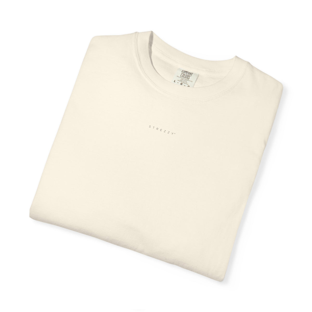Cream T-shirt folded, crew neck, small chest logo text