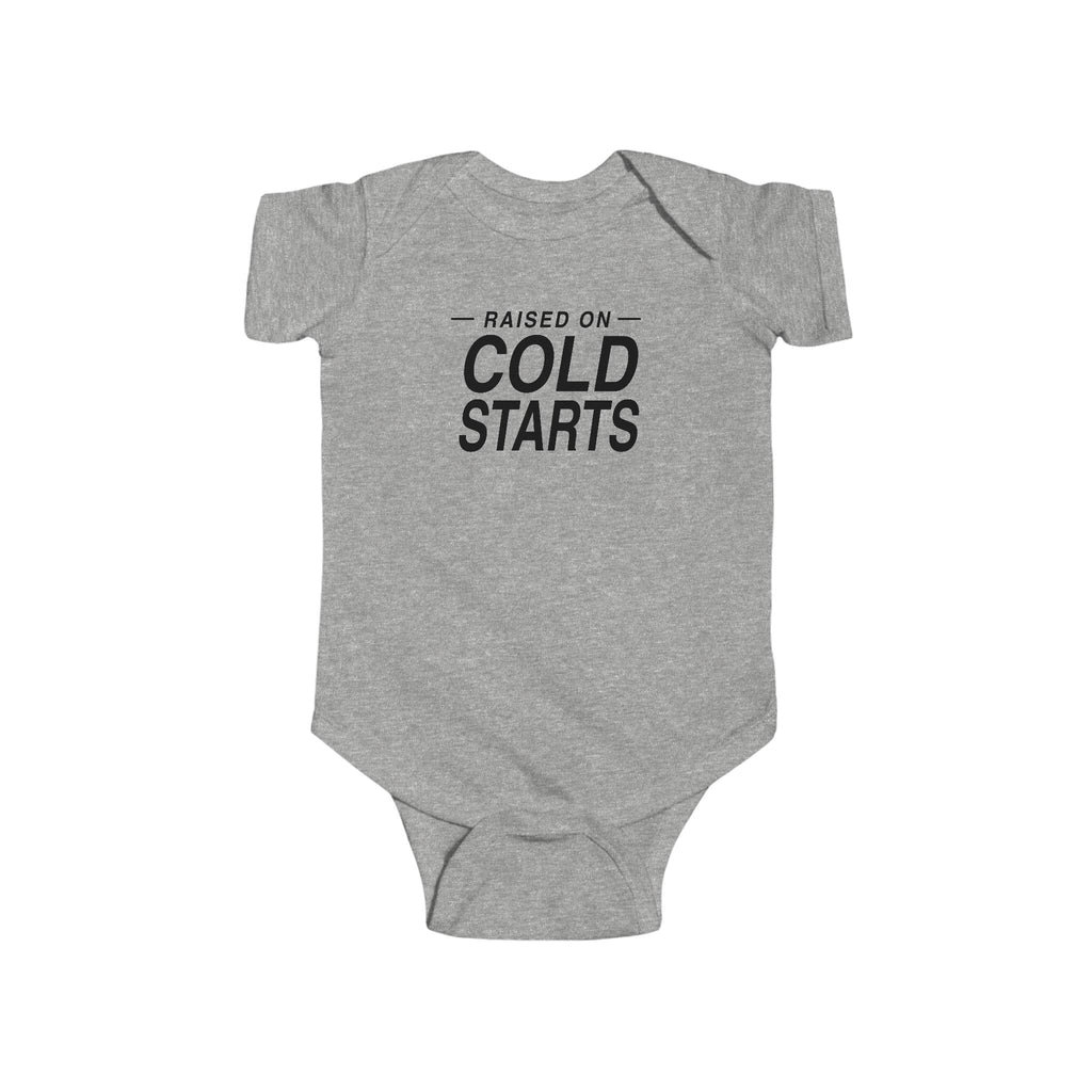 Heather gray baby bodysuit with short sleeves and 'Cold Starts' front graphic