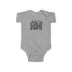Heather gray baby bodysuit with short sleeves and 'Cold Starts' front graphic