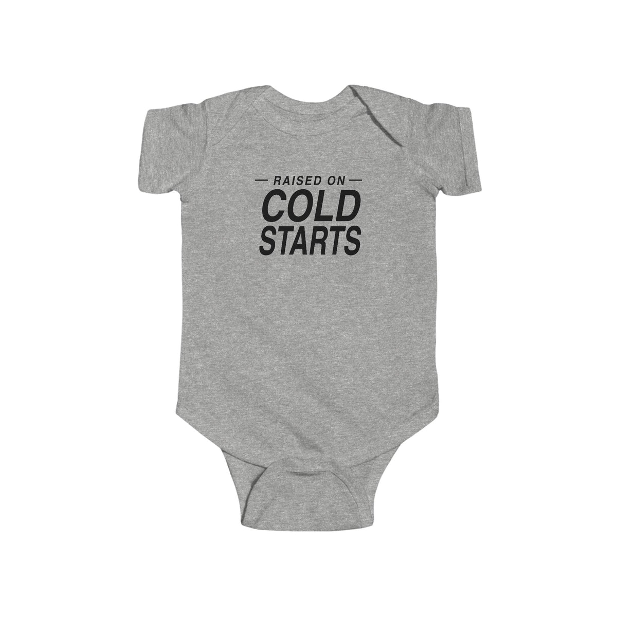 Heather gray baby bodysuit with short sleeves and 'Cold Starts' front graphic