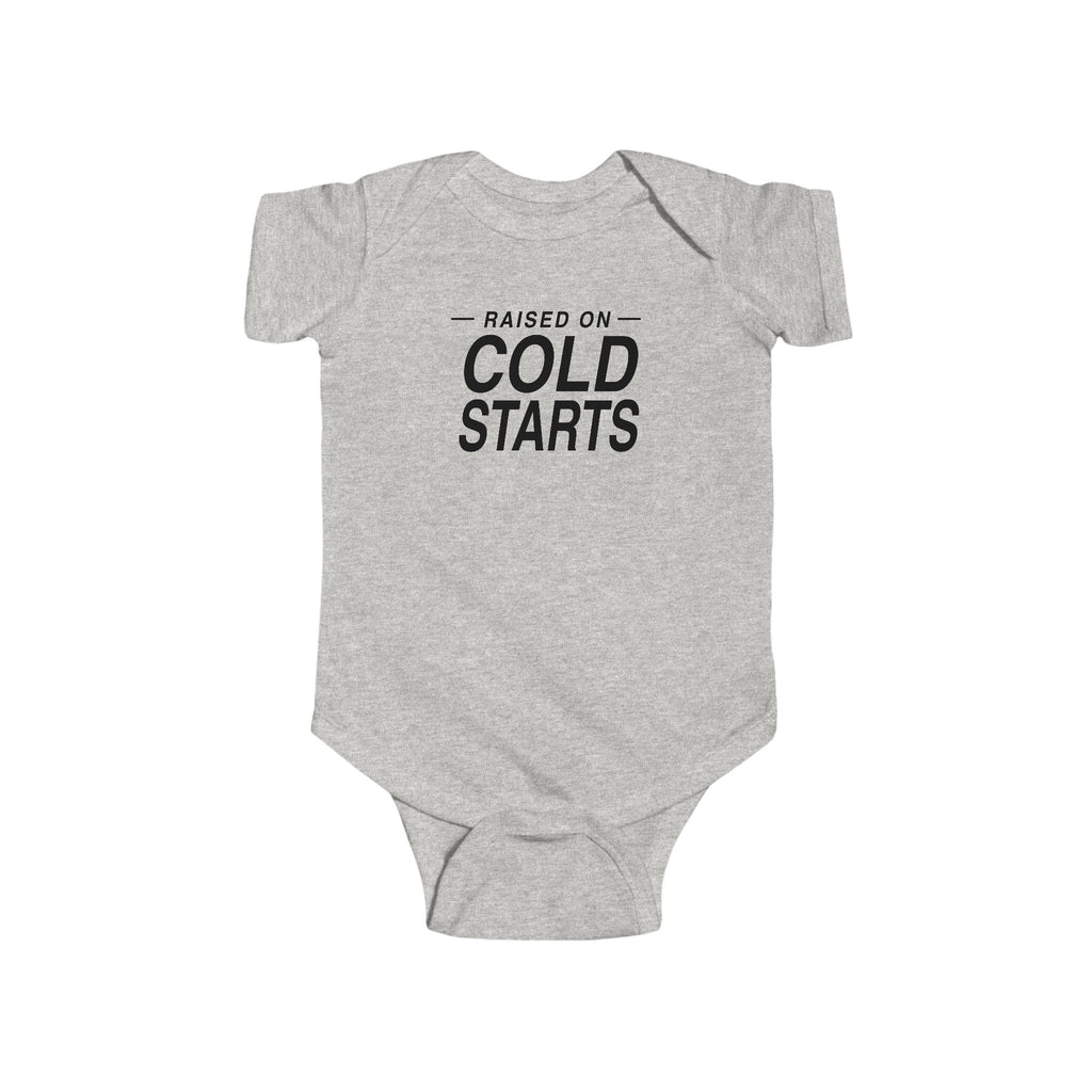 Light heather gray baby bodysuit with short sleeves and 'Cold Starts' front graphic
