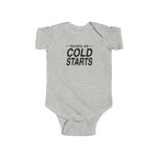 Light heather gray baby bodysuit with short sleeves and 'Cold Starts' front graphic