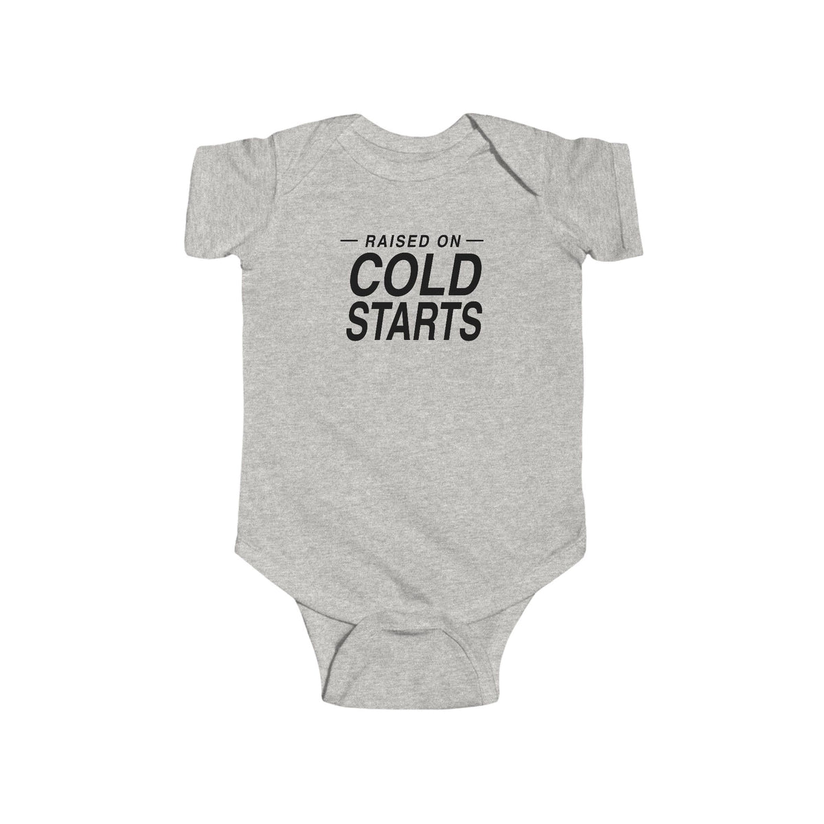 Light heather gray baby bodysuit with short sleeves and 'Cold Starts' front graphic