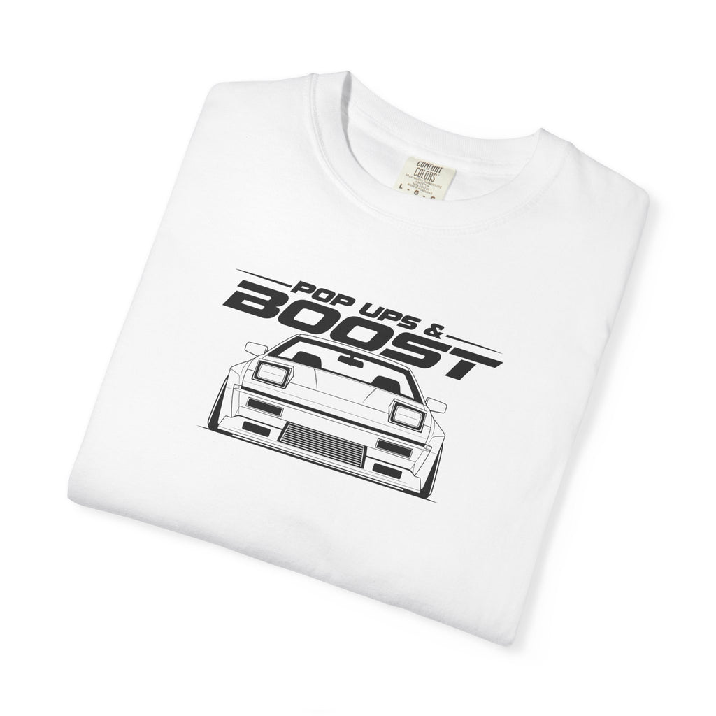 White JDM graphic T-shirt with front car logo print, crew neck