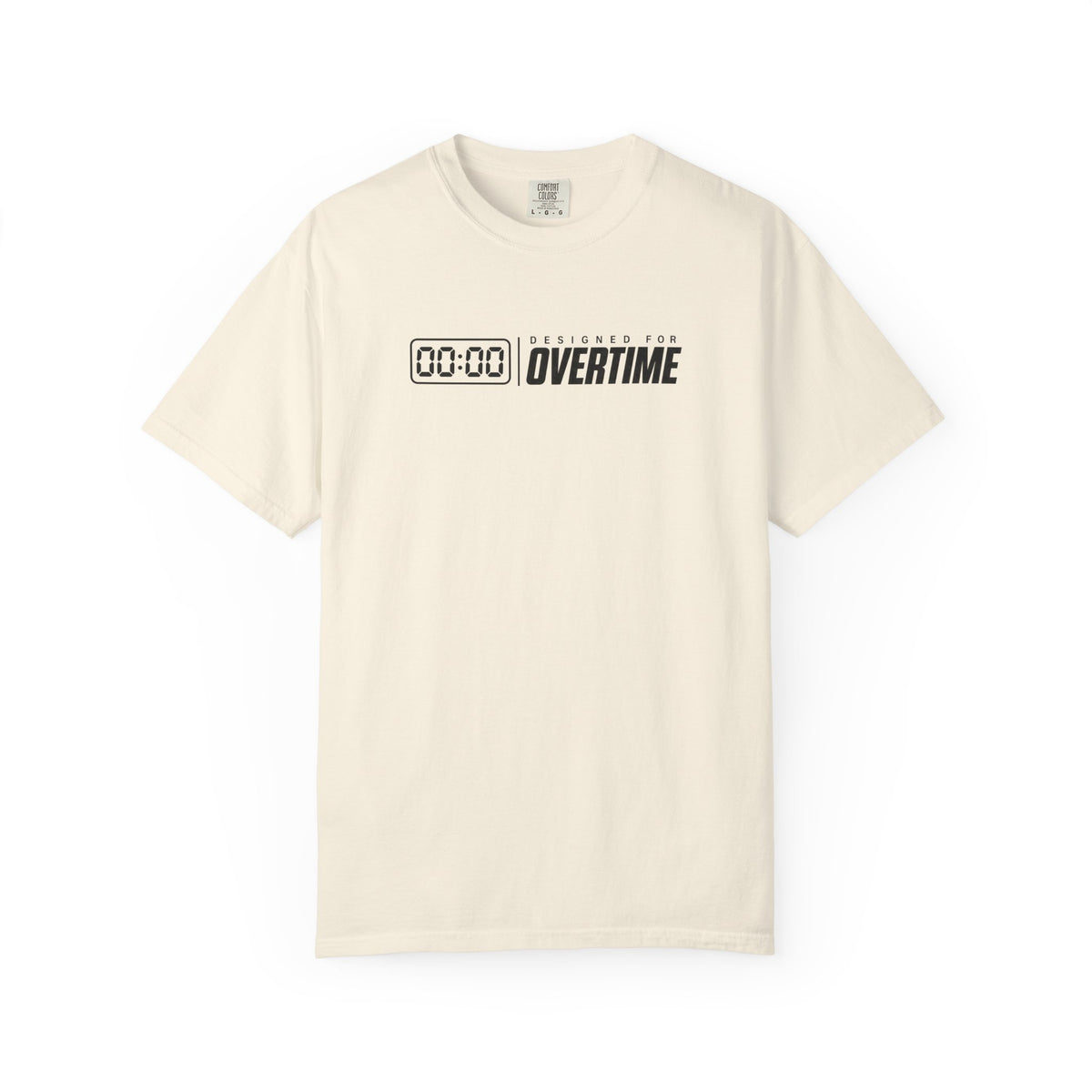 Ivory crew-neck graphic T-shirt with OVERTIME clock-style logo