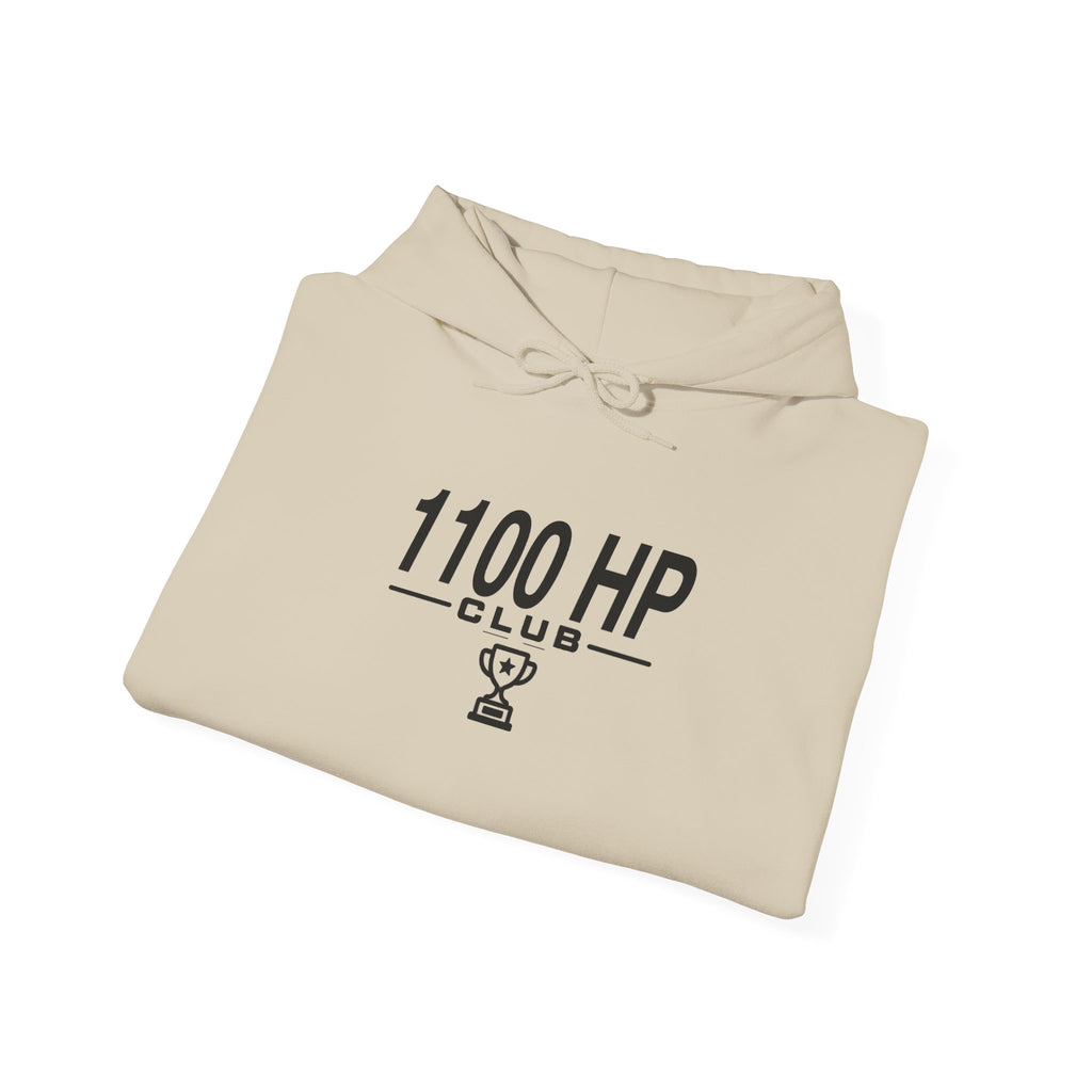 Sand hoodie folded with hood drawstrings and front logo graphic