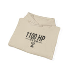 Sand hoodie folded with hood drawstrings and front logo graphic
