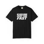 Black T-shirt with bold white slogan graphic on the front