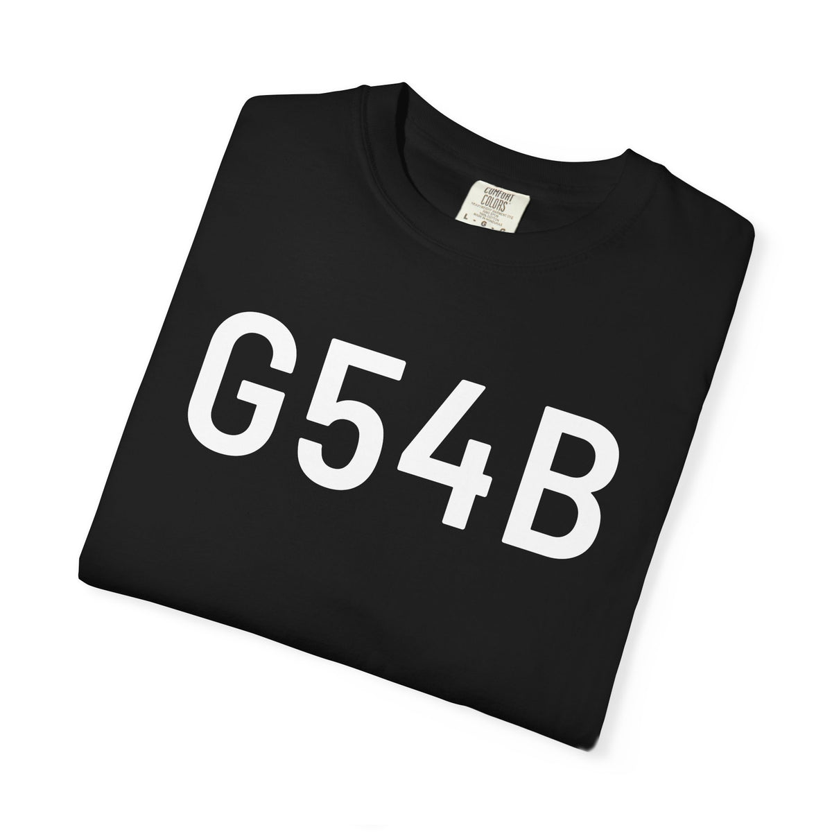 Black crew-neck T-shirt with large G54B logo print on chest
