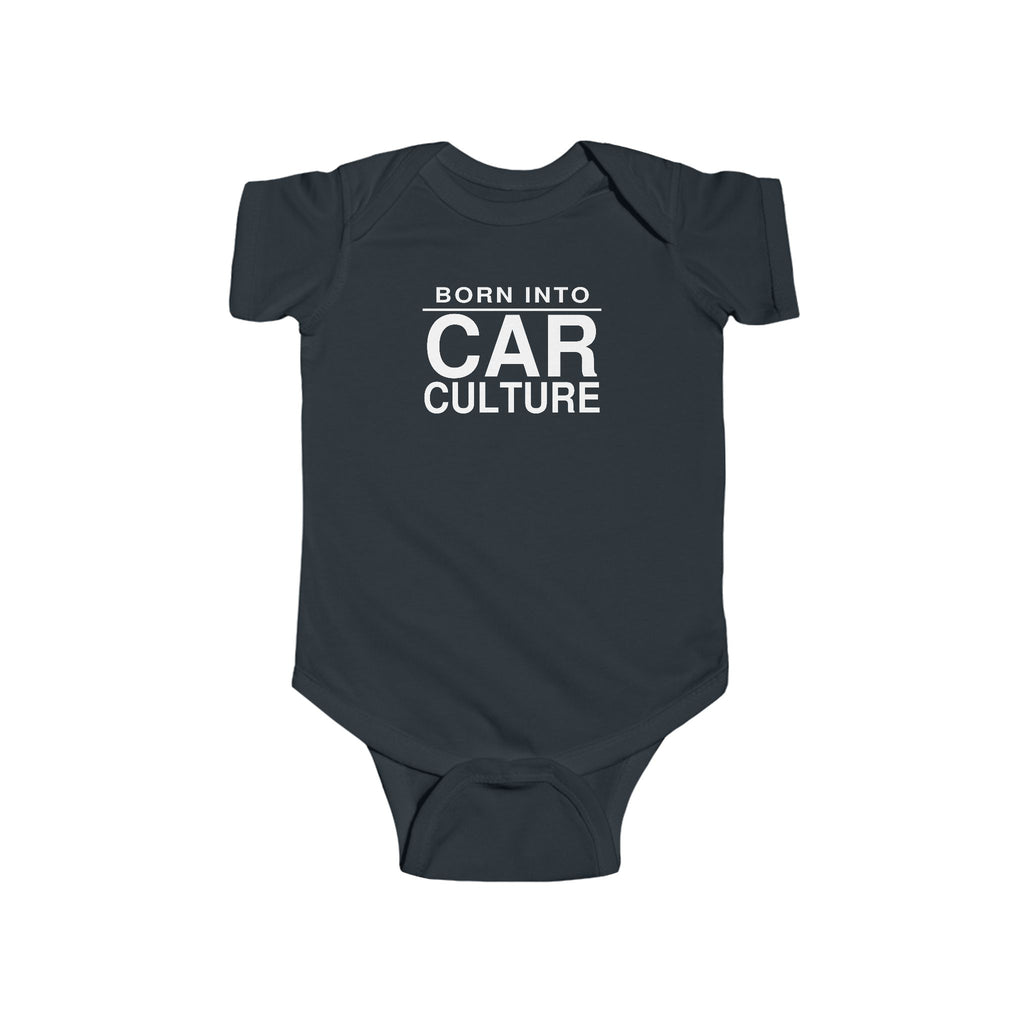 Black baby bodysuit with short sleeves and front “Born Into Car Culture” graphic