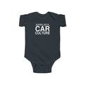 Black baby bodysuit with short sleeves and front “Born Into Car Culture” graphic