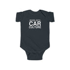 Black baby bodysuit with short sleeves and front “Born Into Car Culture” graphic