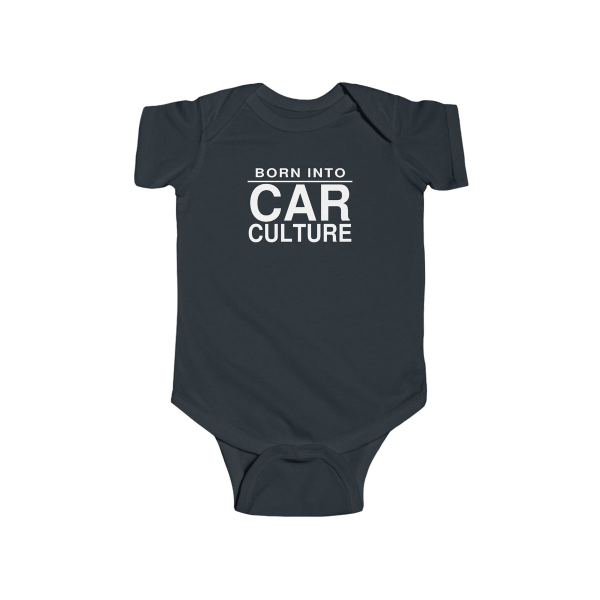 Black baby bodysuit with short sleeves and front “Born Into Car Culture” graphic