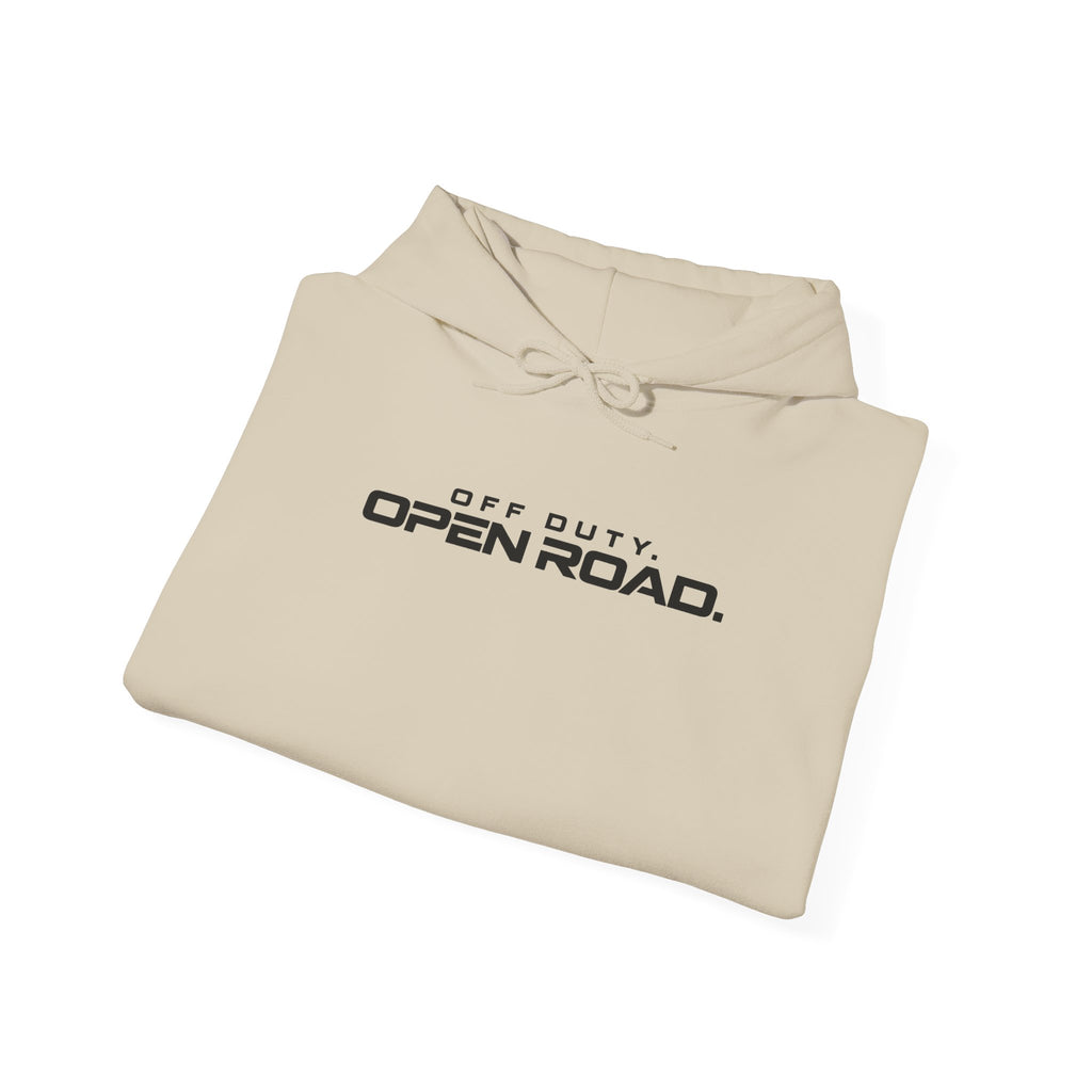 Beige hoodie sweatshirt with pullover hood and 'Off Duty Open Road' graphic