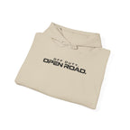 Beige hoodie sweatshirt with pullover hood and 'Off Duty Open Road' graphic