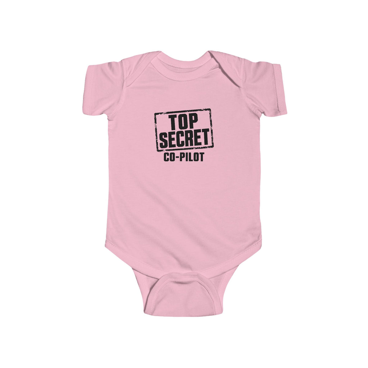 Pink baby bodysuit with short sleeves and “Top Secret Co-pilot” chest graphic