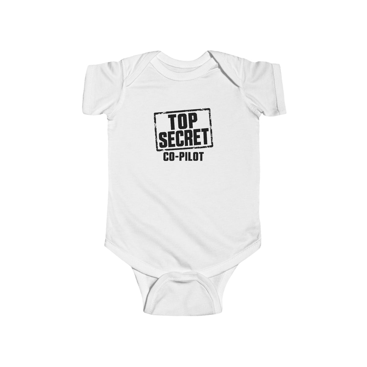 White baby bodysuit with short sleeves and “Top Secret Co-pilot” chest graphic
