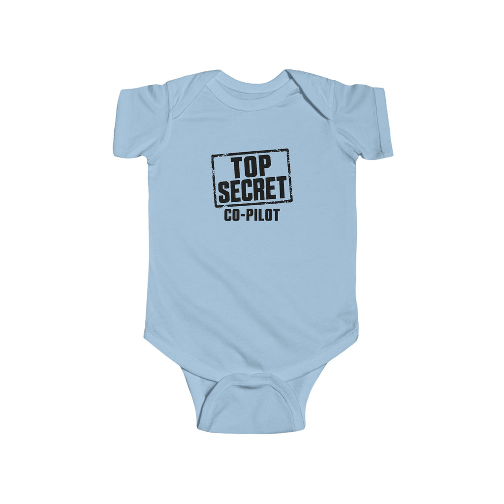 Light blue baby bodysuit with short sleeves and “Top Secret Co-pilot” chest graphic
