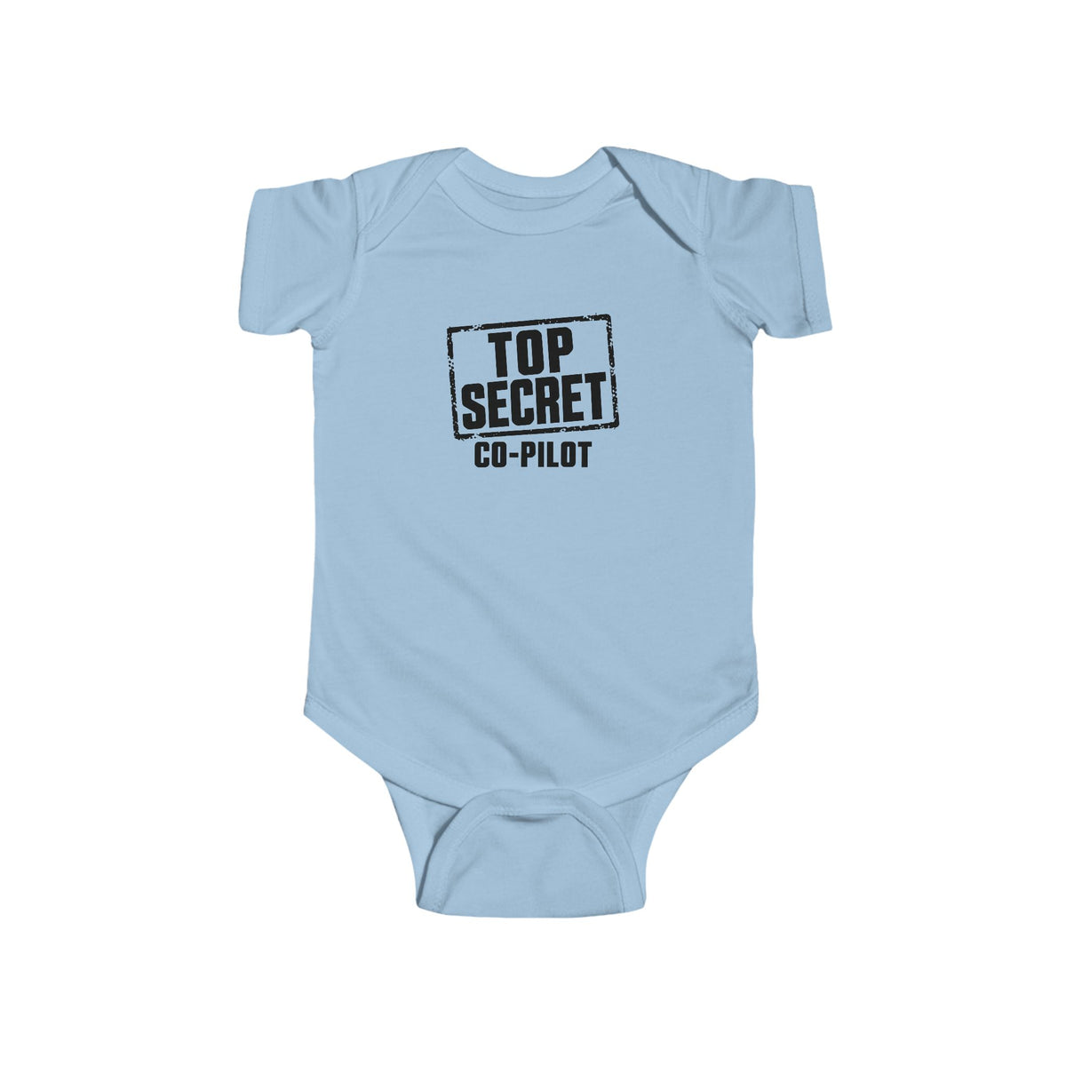 Light blue baby bodysuit with short sleeves and “Top Secret Co-pilot” chest graphic