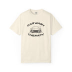 Ivory crew-neck T-shirt with “Car Wash Therapy” car graphic on the front
