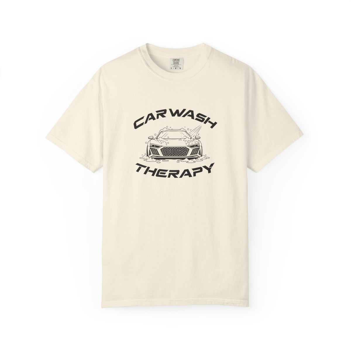 Ivory crew-neck T-shirt with “Car Wash Therapy” car graphic on the front