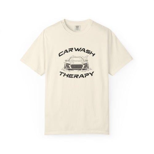 Ivory crew-neck T-shirt with “Car Wash Therapy” car graphic on the front
