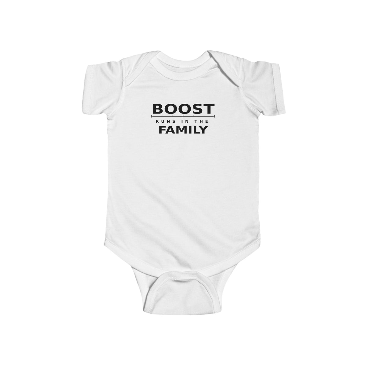 White baby bodysuit with 'BOOST' graphic on front