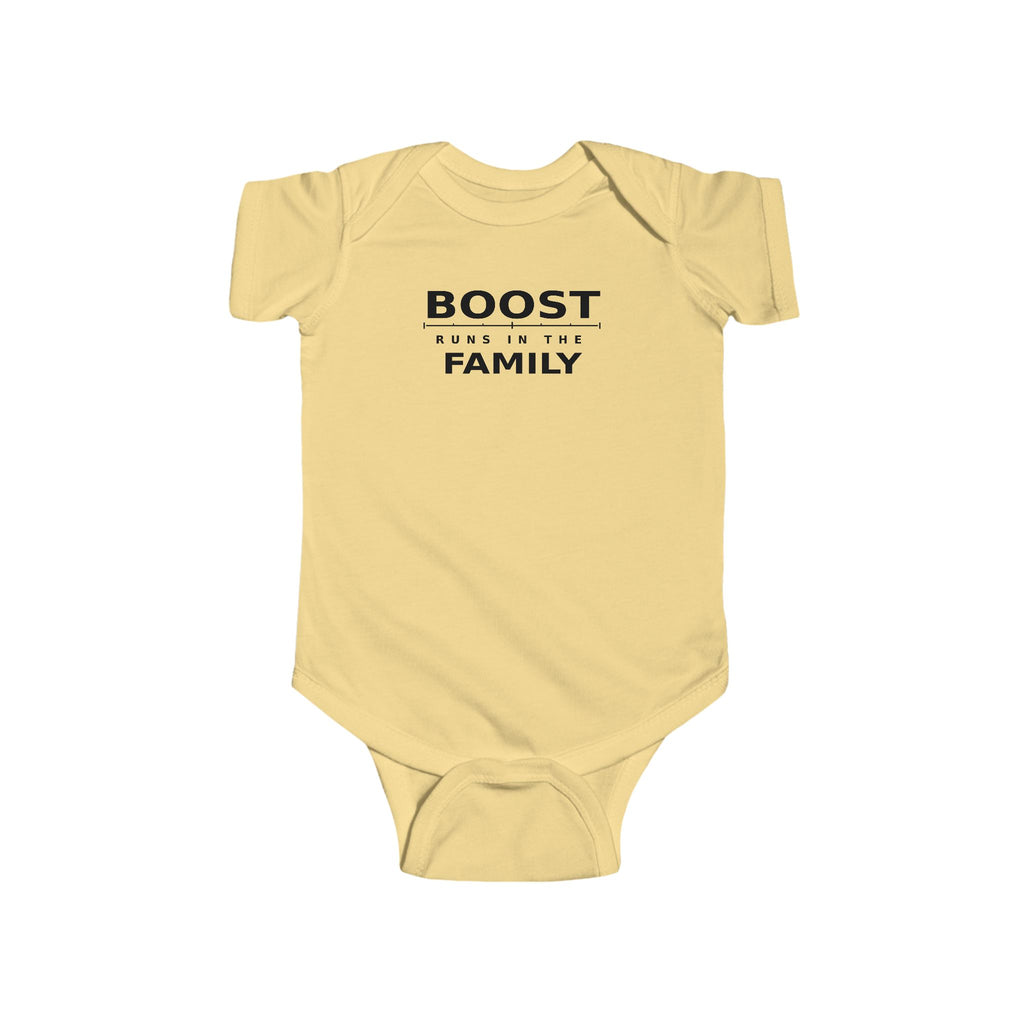 Butter yellow baby bodysuit with 'BOOST' graphic on front