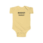 Butter yellow baby bodysuit with 'BOOST' graphic on front
